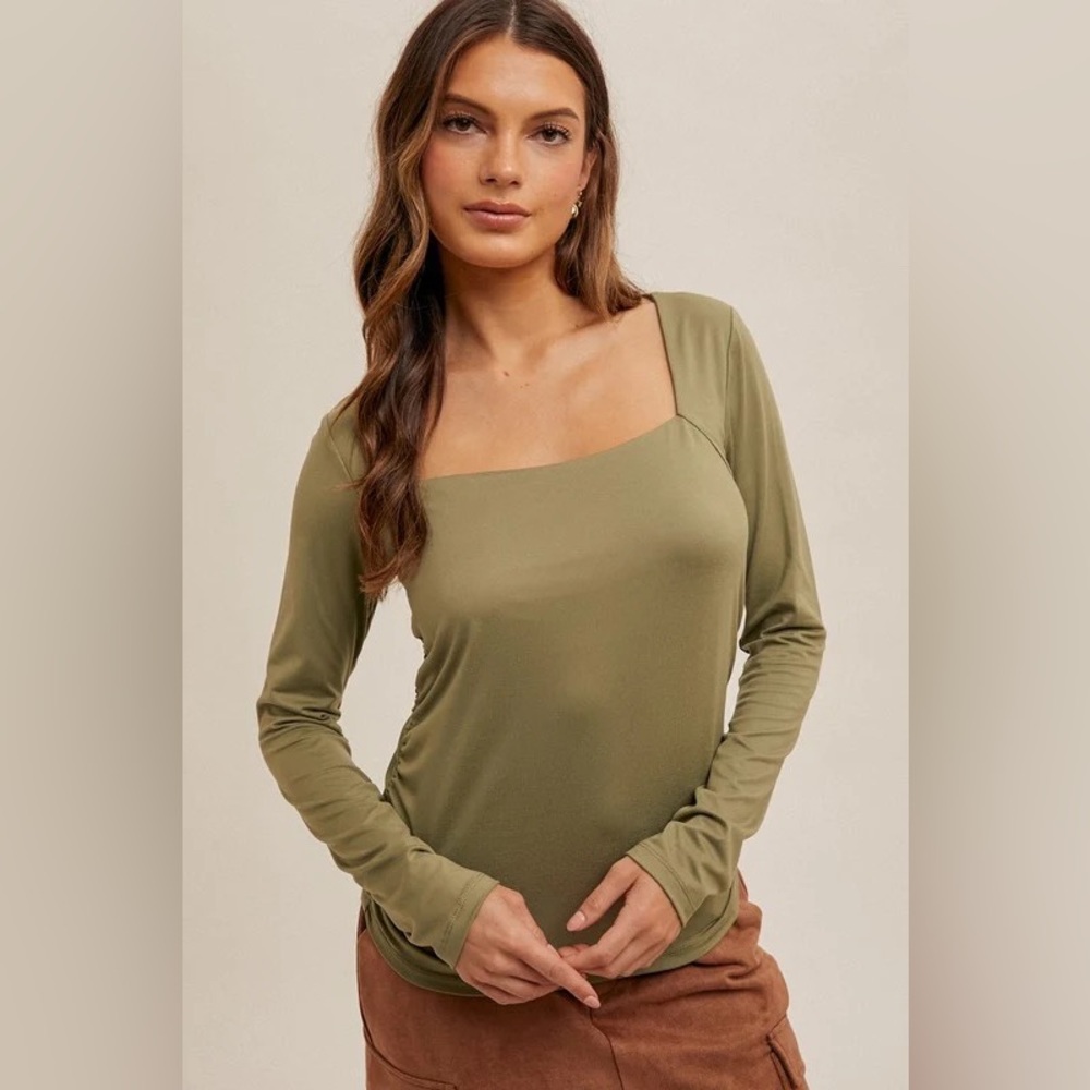 Hem & Thread Olive Long Sleeve Square Neck Top NWT